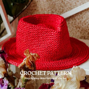 Padrão de crochê para chapéu de sol de ráfia – Chapéu Fedora e de cowboy faça você mesmo, PDF passo a passo, chapéu de verão para mulheres