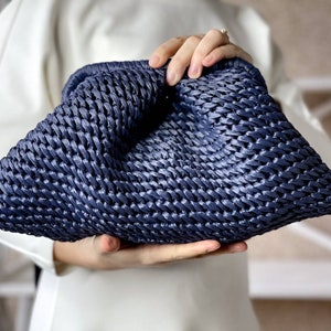 Lightweight clutch bag color Navi. Straw Clutch. Cloud Bag. Crochet Raffia Bag