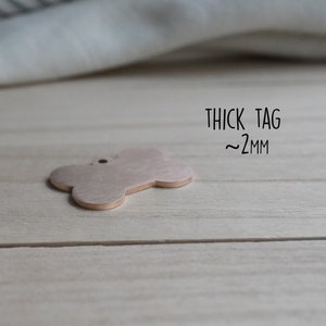 Pode incluir: Um close-up de uma etiqueta de metal rosa claro em forma de osso. A etiqueta tem aproximadamente 2 mm de espessura e um pequeno furo no topo. A etiqueta est&aacute; sobre uma superf&iacute;cie de madeira clara. "THICK TAG ~2MM" est&aacute; escrito em preto acima da etiqueta.