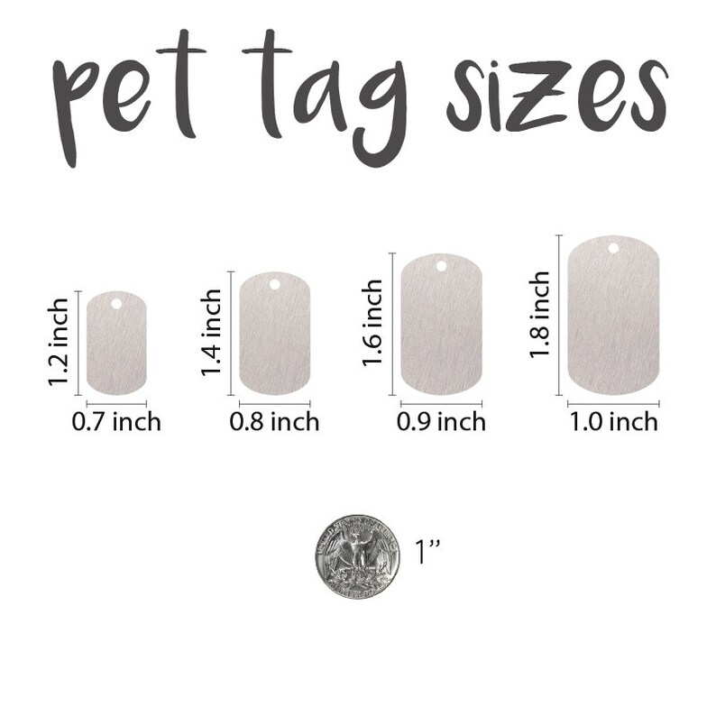 May include: Five different sizes of blank pet ID tags, ranging from 0.7 inches to 1.0 inches in width. A U.S. quarter is shown for size comparison.