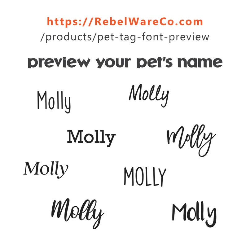 May include: Preview different font styles for your pet's name tag. The name "Molly" is shown in various fonts, including cursive, all caps, and a simple, clean font.