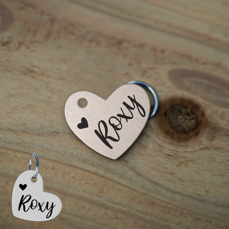 May include: A silver heart-shaped pet tag with the name "Roxy" engraved in black lettering. A small black heart is above the name.