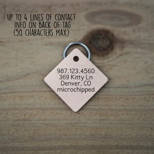 May include: A copper-colored diamond-shaped pet ID tag with rounded corners and a silver ring. The tag has the following text engraved on it: 987.123.4560, 369 Kitty Ln, Denver, CO, microchipped.
