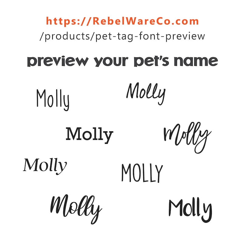 Pode incluir: Pr&eacute;-visualiza&ccedil;&atilde;o de diferentes estilos de fonte para a etiqueta de nome do seu animal de estima&ccedil;&atilde;o. O nome "Molly" &eacute; mostrado em v&aacute;rias fontes, incluindo cursiva, negrito e mai&uacute;sculas.