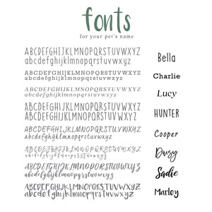 Pode incluir: Um gr&aacute;fico mostrando diferentes estilos de fonte para nomes de animais de estima&ccedil;&atilde;o. As fontes s&atilde;o mostradas em letras mai&uacute;sculas e min&uacute;sculas. Os nomes Bella, Charlie, Lucy, Hunter, Cooper, Daisy, Sadie e Marley s&atilde;o mostrados em uma fonte de escrita &agrave; m&atilde;o.