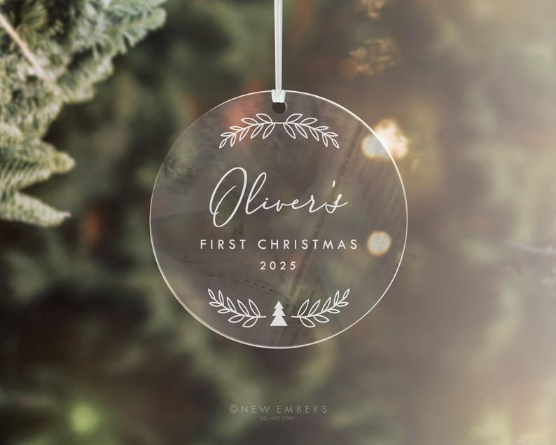 Clear Acrylic Christmas Ornament Personalised First Christmas Gift Baby Decor Engraved Xmas Glass Look Christmas Bauble Custom Ornament Bild 1