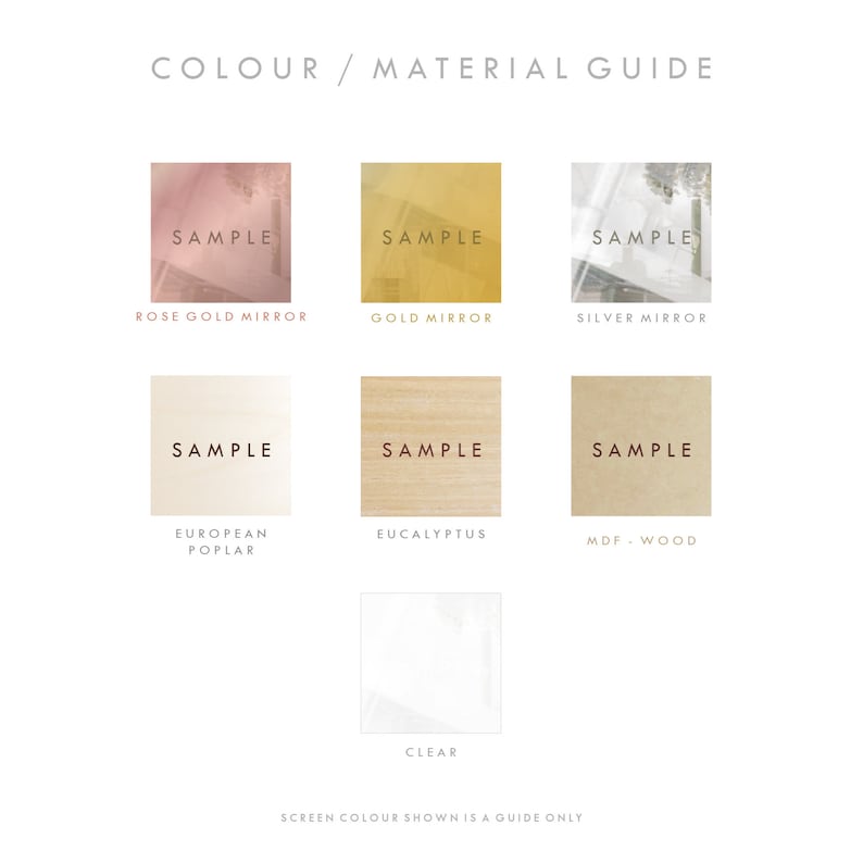 May include: A color and material guide for mirrors and wood. Samples of rose gold, gold, silver, European poplar, eucalyptus, MDF wood, and clear.