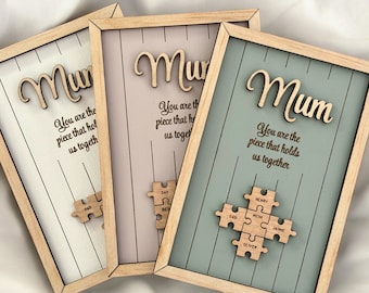 Personalised Mothers Day Gift Wood Sign Puzzle Piece That Holds Us Together Grandma Gift From Kid Jigsaw Puzzle Mom Gift Green Pink White