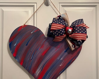 Red, White, Blue Heart Door Hanger, USA Door Hanger, Hand Painted Heart Hanger, America Door Hanger, Patriotic Heart, Door Decor, Wood Heart