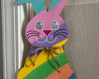 Spring Door Hanger, Easter Bunny, Pastel Bunny, Front Door Decor,Easter Door Sign, Bunny Hanger, Bunny Decor, Striped Bunny, Porch Hanger