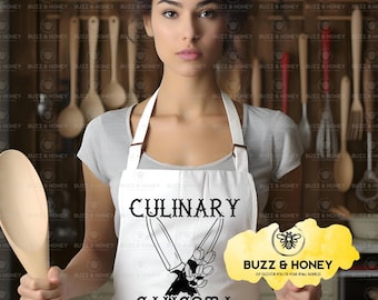 May include: White apron with the text "CULINARY GANGSTA" and a graphic of crossed knives. The apron is worn by a person holding a wooden spoon. The Buzz & Honey logo is visible on the right.
