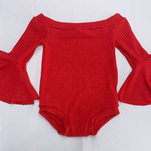 Long Bell Sleeve Ribbed Leotards Tops for Girls and Babies - 4 Colors - Red, Mustard, Black, and Mauve Pink