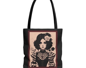 Steampunk Portrait Tote Bag, Victorian Woman with Roses Bag, Canvas Tote, Shoulder Bag, Goth Bag