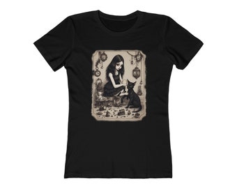 Goth Girl and Black Cat T-Shirt, Vintage Goth Graphic Tee, Gothic Shirt, Women's Boyfriend Tee, Creepy Cute