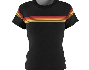 Sunset Striped Black T-Shirt, 80s Inspired Tee, Women's Cut & Sew Tee, Alternative Clothing