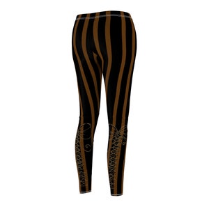 Black and Brown Striped Leggings, Steampunk Leggings with Lace Up Bow Graphic, Women's Leggings, Yoga Pants image 1
