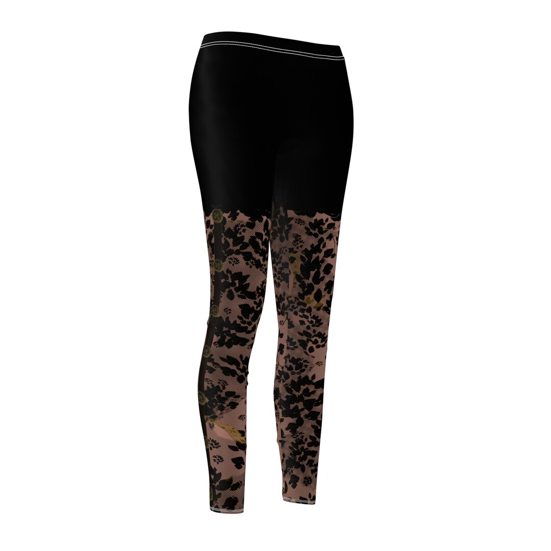 Black Lace Print Leggings, Tattered Lace and Buttons Graphic, Women's