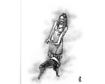 Amity - Girl Dancing with Boston Terrier - Beautiful 18"x24" Print - Luxurious Decor for Home, Office, or Dorm on High-Quality Paper