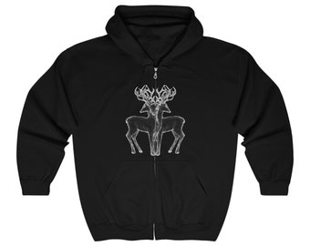 Black Zip Up Hoodie, Electric Deer Graphic, Unisex Full Zip Hooded Sweatshirt, Zipper Hoodie