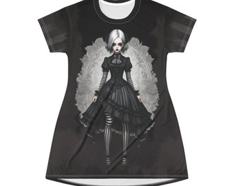 Goth Girl T-Shirt Dress, Gothic Aesthetic, Women's Shirt Dress, Casual Dress, Oversized Shirt, Alternative Clothing