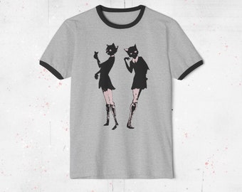 Cat Twins Ringer T-Shirt, Cat Women Soft Shirt, Grunge Tee, Unisex Cotton Ringer Tee