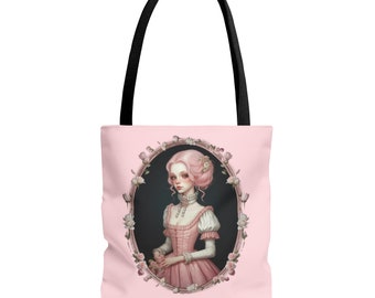 Pastel Goth Tote Bag, Woman in Pink with Flowers Tote, Shoulder Bag, Victorian Goth, Pink Roses