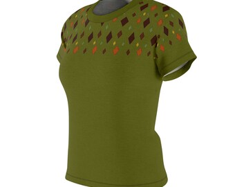 Green Diamond Pattern T-Shirt, Retro Inspired Shirt, Women's Cut & Sew Tee, Olive Green Shirt