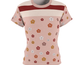 Flowers and Stripes T-Shirt, Floral Pattern Graphic, Light Pink Retro Inspired Shirt, Women's Cut and Sew Tee
