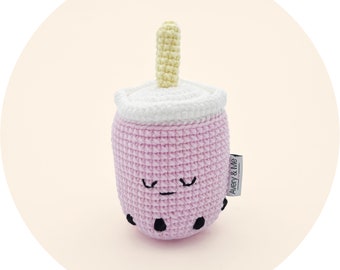 Strawberry Boba Crochet Baby Rattle, Part of the Boba Friends Rattle Toy Set, Milk Tea Baby Shower Gift