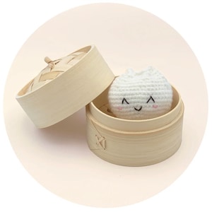 Har Gow Crochet Baby Rattle with Steamer, part of the Dim Sum Crew Rattle Toy Set, Baby Shower Gift