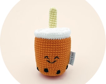Thai Tea Boba Crochet Baby Rattle, Part of the Boba Friends Rattle Toy Set, Milk Tea Baby Shower Gift