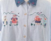 Vintage Plus Size Summer Blouse, Comfy Cotton Shirt, Retro Button Down Camp Shirt, Railroad Stripe Blouse, Perfect Vacation Top