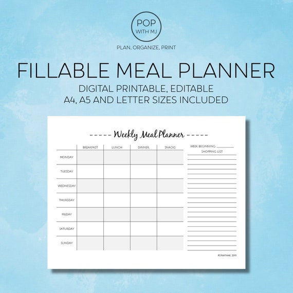 Fillable Meal Planner PDF Editable Meal Planner PDF Weekly Etsy