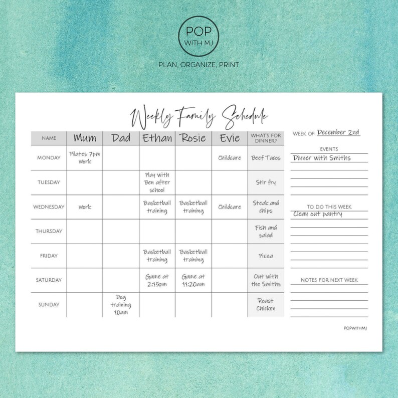 Family Schedule Printable Family Calendar Weekly Family Etsy