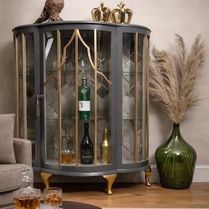 Grey & Gold Vintage Drinks Cabinet with Geo Design image 1
