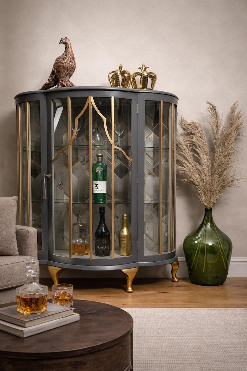 Grey & Gold Vintage Drinks Cabinet with Geo Design image 1