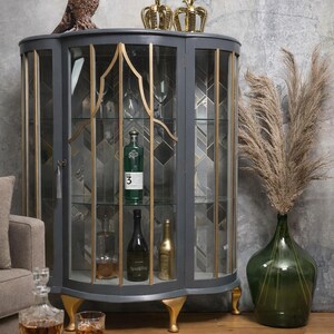 Grey & Gold Vintage Drinks Cabinet with Geo Design image 3