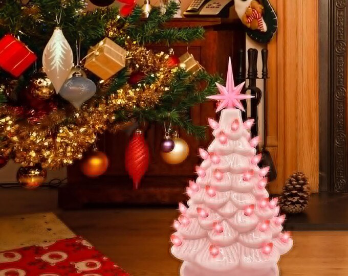 Ceramic Christmas Tree Lighted 14 Nowell Vintage Mold Pink Flocked Star