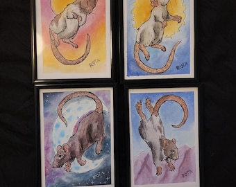 Aquarelschilderijen van een zwevende rat