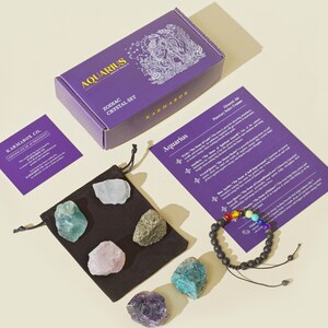KARMABOX - Aquarius Crystal Set - Zodiac Crystal Gifts, Astrology Sign Crystal Kit, Aquarius Healing Crystals, Birthday & Bridesmaid Gifts