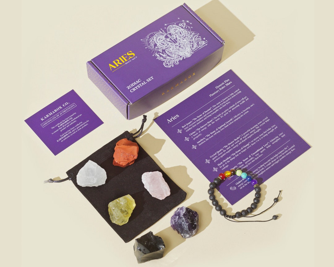 KARMABOX - Aries Gift Set - Aries Crystals, Chakra Bracelet & Travel ...