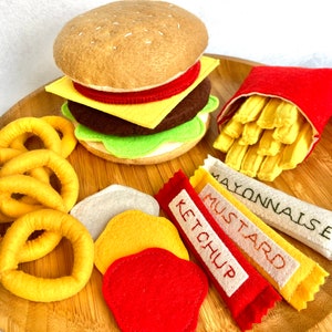 Hamburger & Side Dishes / Handmade Felt Play Food for Toddlers and Kids / Pretend Play / Educational Montessori Kitchen Toys /