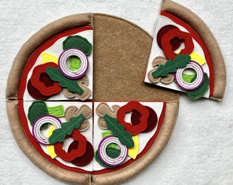 Pizza Set with Toppings | Handmade, Durable, Eco-Friendly Felt Montessori Pretend Play Food | Kitchen Toy for Toddlers & Kids
