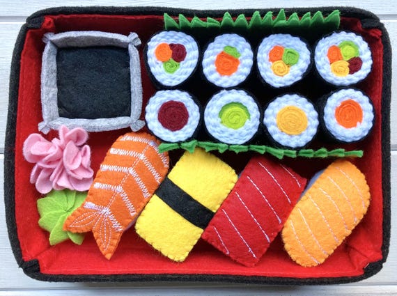 Felt Sushi Play Food Set with Bento Box: Eco-Friendly Montessori Pretend Kitchen Toy