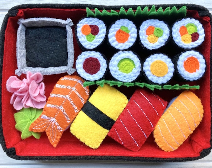 Sushi Set with Bento Box | Handmade Felt Montessori Play Kitchen Toy | MorKuzuNY