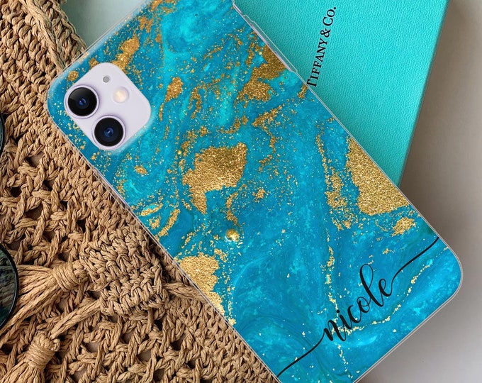 PERSONALISED phone case 16 initials name soft silicone blue marble cover for apple iphone 7 8 X Xs max Xr 11 Pro MaxFather's Day