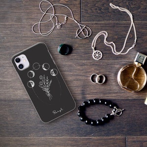 Personalized Moon Phase iPhone Case, Initial Black Silicone Cover