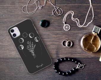 Personalized Moon Phase iPhone Case, Initial Black Silicone Cover