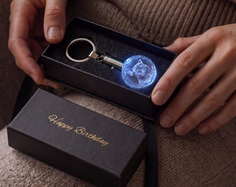 Personalized 3D Crystal Photo Keychain, Custom LED Pet Portrait Keyring, Engraved Crystal Gift for Dog Lovers, Memorial Keepsake