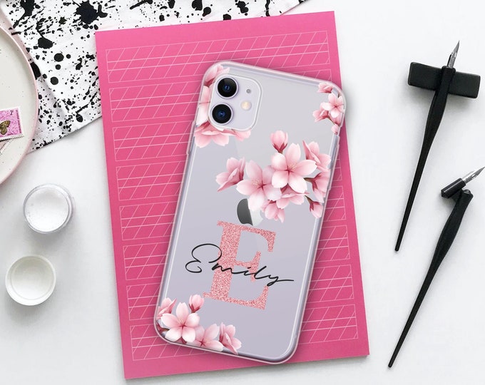 Personalised Phone case 16 custom name initials phone silicone cover with cherry blossom iPhone 7 8 X Xs max Xr 11 Pro MAX Christmas gift